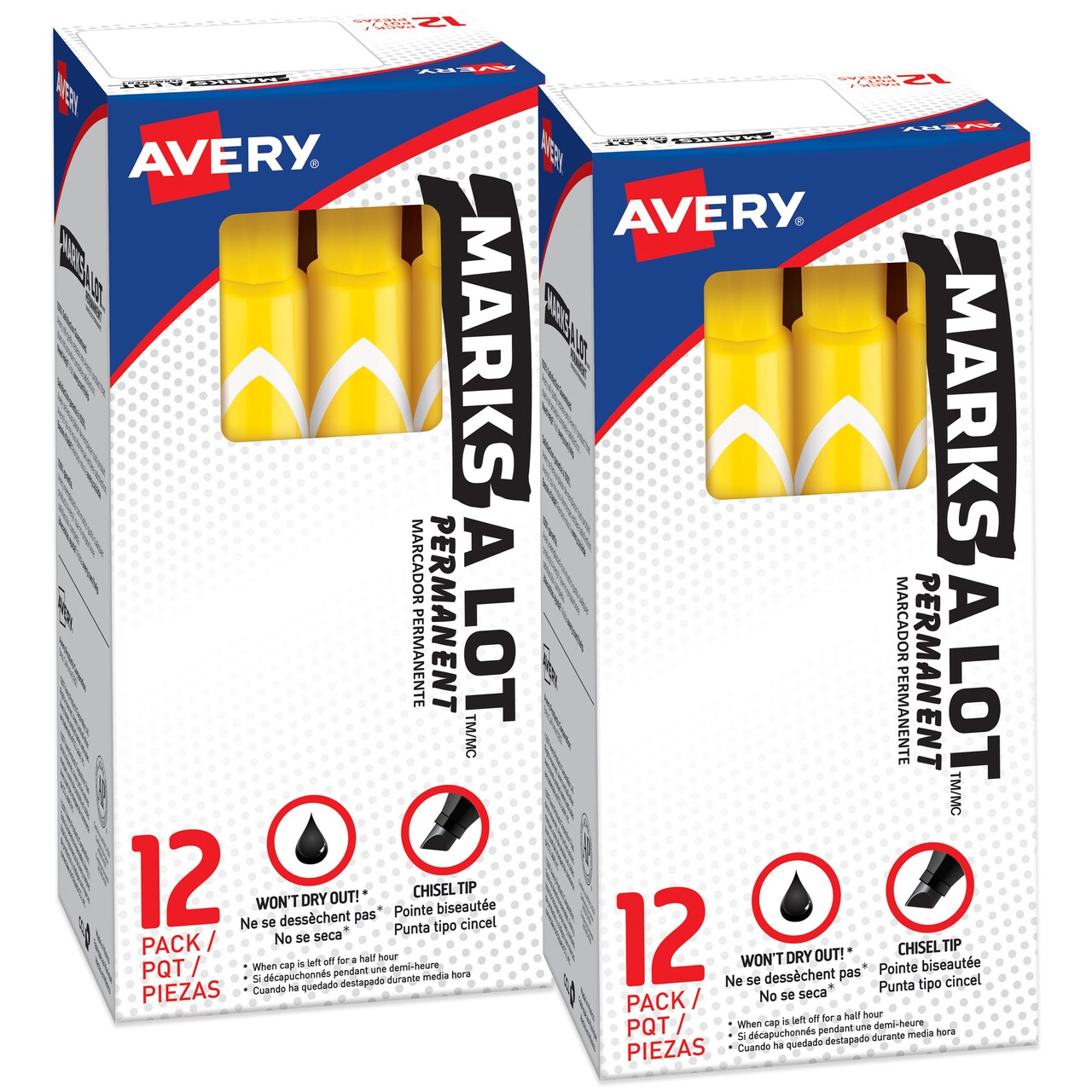 Avery Marks A Lot Permanent Markers, Chisel Tip, Large Desk-Style Size, 12 per Pack, 2 Packs, 24 Yellow Markers Total (50215)